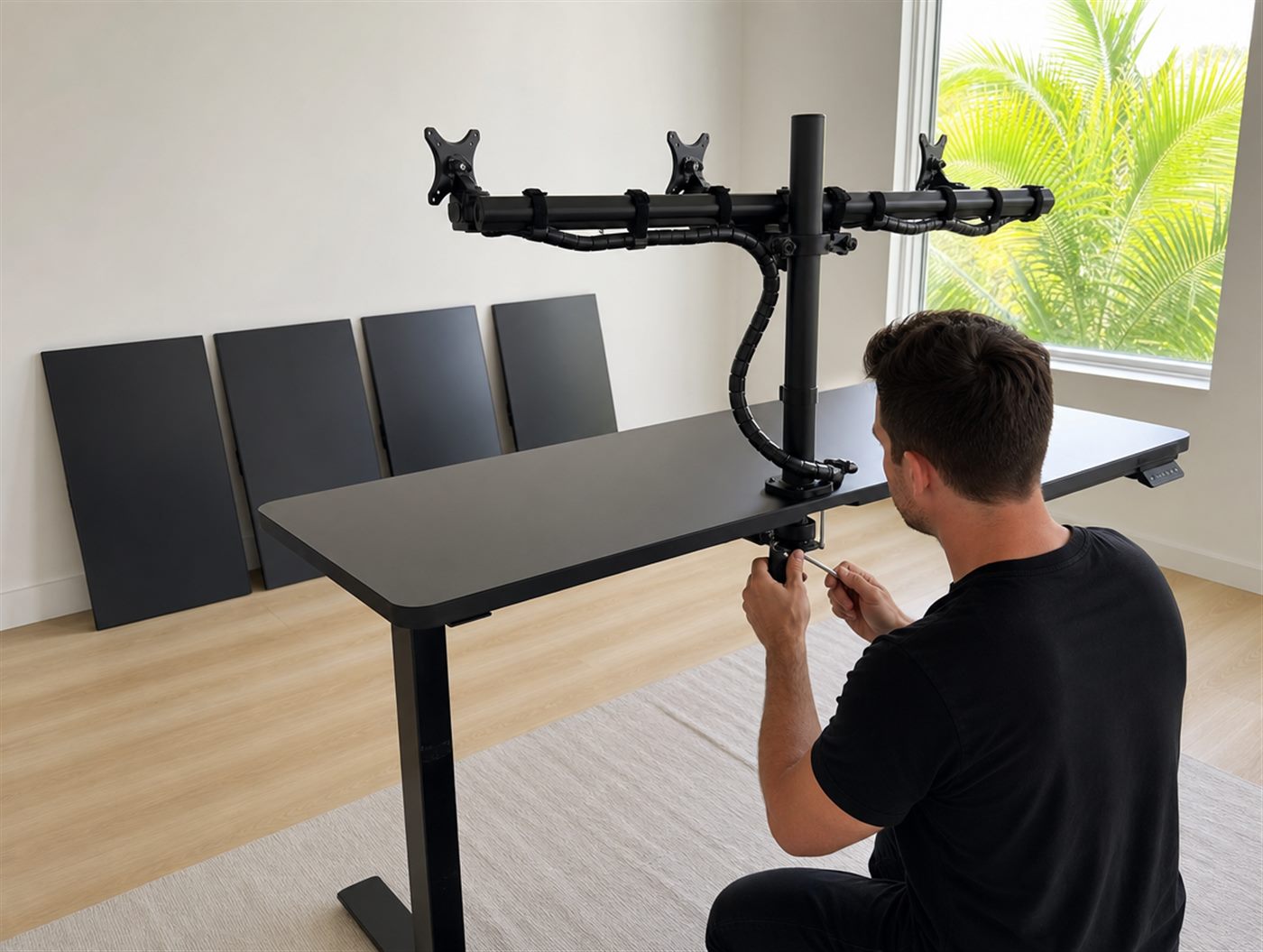Technician assembling the sit-stand desk, quad monitor arm and screens on site