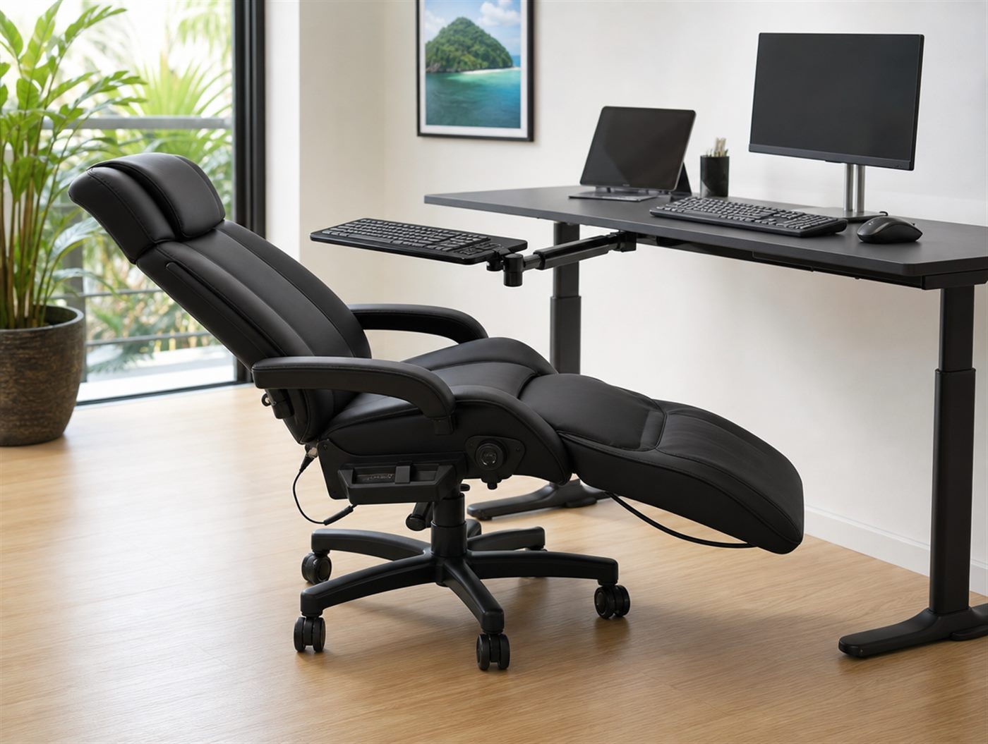 Reclined zero-gravity chair with swing-away keyboard tray