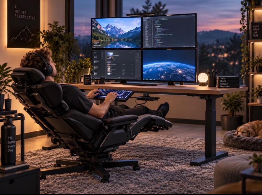 Person reclined in a black zero-gravity chair with a keyboard tray, working on four screens arranged in a 2 by 2 grid on a sit-stand desk